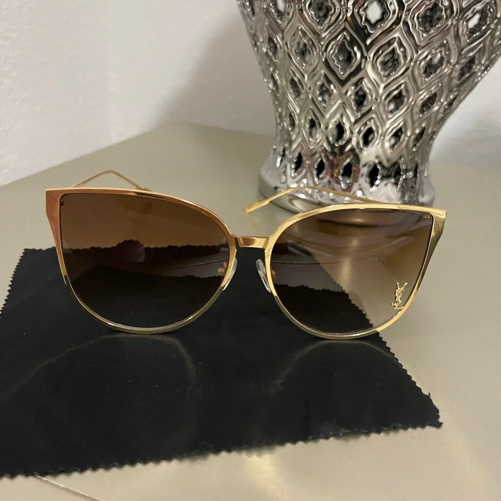 Yves Saint Laurent Gold Frame Brown Gradient Lens Cat-Eye Sunglasses